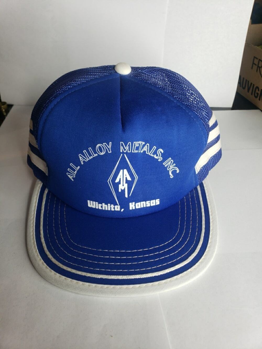 Vintage Three Stripe Trucker Hat USA Mesh 70s 80s Blue Metal SnapBack